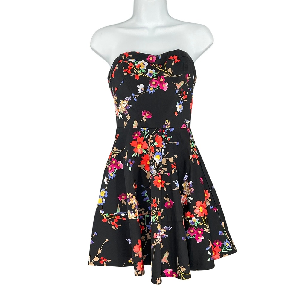 Express Black Floral Print Sweetheart Strapless Fit Flare Bold Dress Sz‎ 2 Party